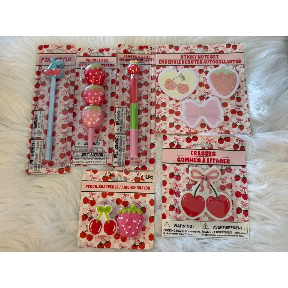Cherry and Strawberry Stationery Set Pens Highlighters Sticky Notes Erasers 6pc